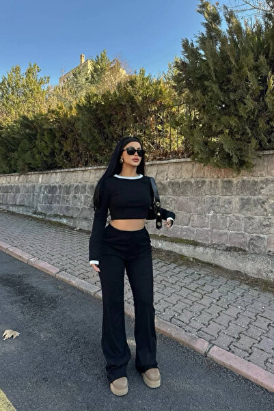 Siner Fashion Women's Black and White Detailed Ribbed Long Sleeve Blouse Wide Leg Pants Set