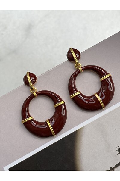 Twinssis Accessories أقراط دائرية متدلية من المينا باللون العنابي