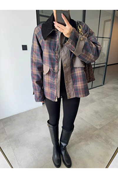 WOMKA Kadın Kadiffe Yakalı Ekose Desenli Trençkot