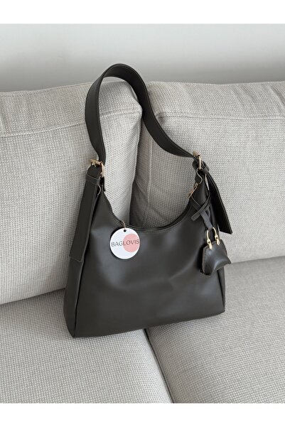 BAGLOVİS Khaki Women's Shoulder Bag with Hook and Clasp Detail and Small Wallet En34 Boy22
