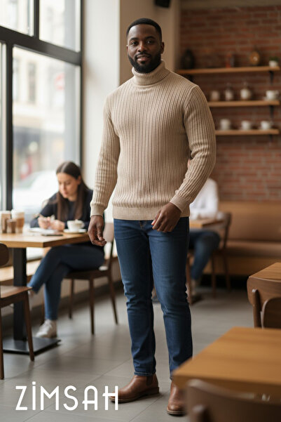 Zimsah Erkek Kazak Slim Fit Triko Kazak Bej Renk