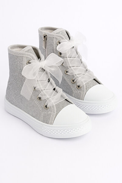 KATEYLER حذاء رياضي للفتيات بطول الكاحل مع سحاب فضي لامع مقاس 21-30