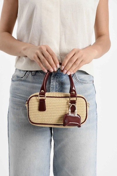 Grsbags حقيبة يد وكتف نسائية من الخوص باللون العنابي