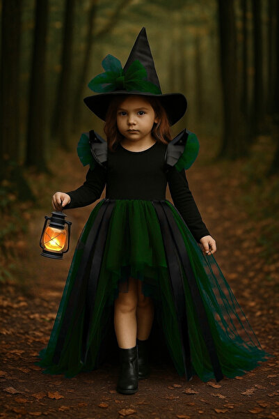 Shecco Babba Girl's Green Tulle Witch Costume–Leather Detailed Witch Dress&Hat Halloween Party Outfit