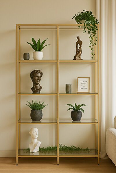 Home Elegra Gold Kitaplık Dekoratif Aksesuar Rafı Şeffaf Cam 100 cm