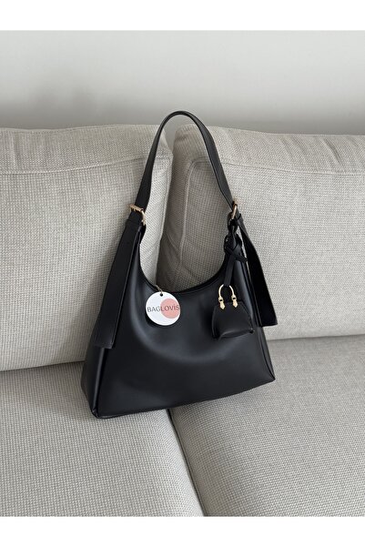 BAGLOVİS ASKISI TOKA DETAYLI MİNİK CÜZDANLI SİYAH KADIN OMUZ ÇANTASI EN34 BOY22