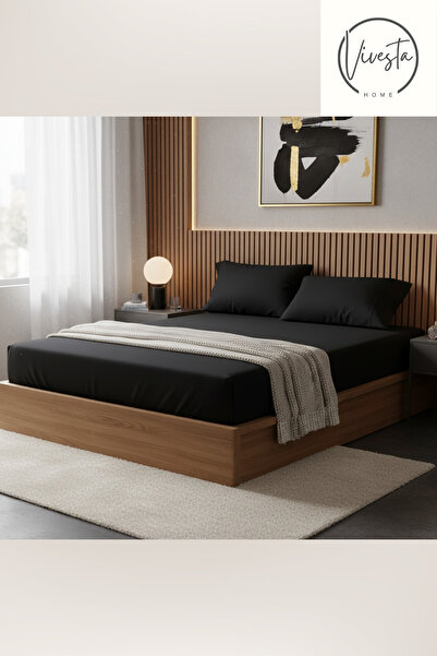 Vivesta Home طقم ملاءات سرير مطاطية مزدوجة باللون الأسود مقاس 180 × 200 - يتضمن غطاءان للوسائد، قماش ناعم