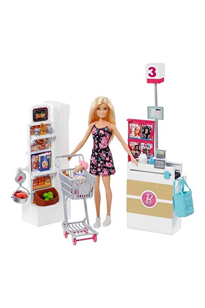 Barbie Supermarket Playset with Blonde Doll and Rolling Cart and Working Belt, 25 pieces