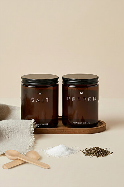 KHAKMA Amber Glass Salt and Pepper Jar Set with Wooden Stand – Salt & Pepper Written – Set of 2 / 250 ml