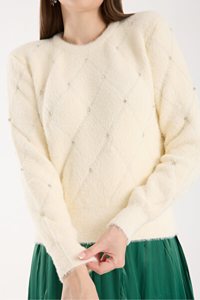 Moda Days Women's Ecru Beard Yarn Stone Detailed Crew Neck Knitwear Sweater