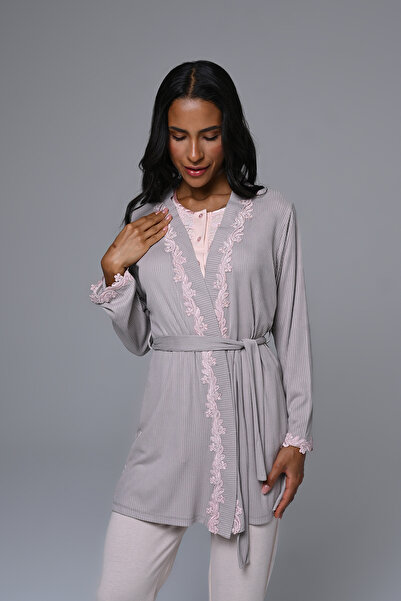 Lohussa طقم بيجامة نسائية شتوية بتصميم خاص من قماش الجاكار والدانتيل بتفاصيل ...