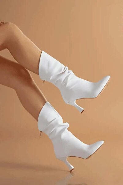 elvinshoes Jasmine kadın Beyaz büzgülü ince ökçe bot
