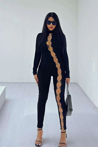 FashionForYou Randy contract jumpsuit in Lycra, with glove sleeves and metal accessories, Black