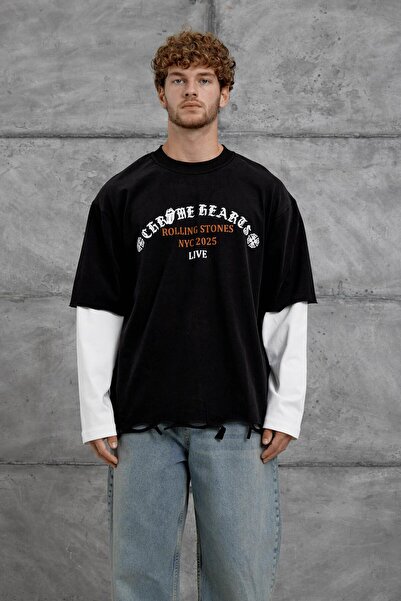 NOMARC سترة رولينج ستون سوداء مكونة من مطبوع قطع