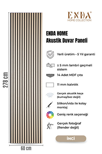 Enda Home MDF Akustik Duvar Paneli 60×278 cm – 11 mm Kalınlık, Gerçek Keçeli ...