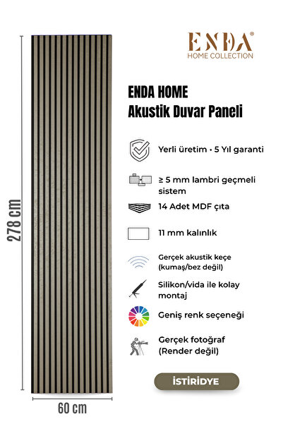 Enda Home MDF Akustik Duvar Paneli 60×278 cm – 11 mm Kalınlık, Gerçek Keçeli ...