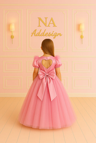 NA ADDESIGN Kabarık, Sırt Kalp Detaylı Saten Astar Kız Çocuk Elbisesi (9 RENK...