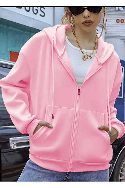 LG LAGULER VESTITI Άνετο μαλακό υφήματος με 3 κλωστές ροζ φούτερ με φερμουάρ για το φθινόπωρο και το χειμώνα