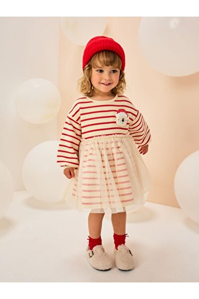 Next Baby Памучна рокля с червени ивици и мотив на Дядо Коледа за Нова година