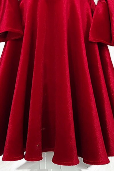 Shecco Babba Girls' Red Velvet Christmas Dress – Bell Sleeve & Green Bow Detail Special Occasion Dress