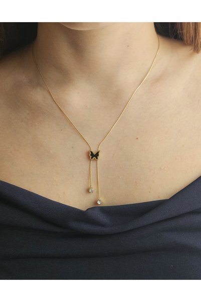 MinAccessory Gold Steel Necklace with Black Butterfly Detail
