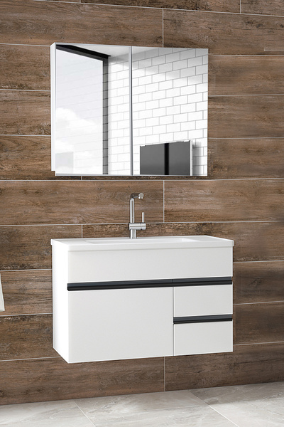 Alfa Banyo Esen SB 80 Cm Ayna Dolaplı Seramik Lavabolu Mdf Banyo Dolabı Seti--Hazır Kurulu--