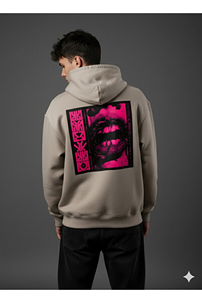 By Caspita Fashion Μπεζ φούτερ με κουκούλα με στάμπα Lenithra Lip and Thorn Back, Unisex Oversize