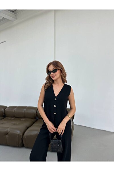 alenmoda Knitwear Gold Buttoned Sleeveless Vest and High Waist Long Length Pants Two-Piece Set