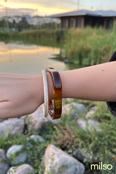 MİLSO 2'li Akrilik Bohem Bilezik Seti - Kahverengi ve Krem Mermer Desenli - K...