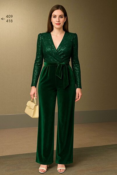 stylingpark Üstü Payet Altı Kadife Uzun Kollu Kuşaklı Abiye Tulum