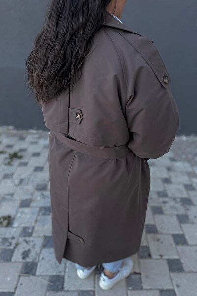 CHUL Büyük Beden Canvas Apolet Detaylı Astarlı Kemerli Uzun Trençkot - SOĞUK KAHVE