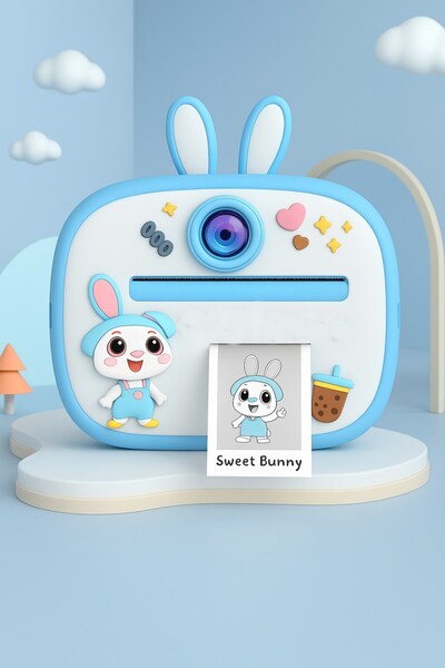 AteşTech Tavşan Temalı Anında Baskılı Çocuk Kamerası Print Kamera | Çift Kamera, 2,0″ Ekran, Silikon Kılıf