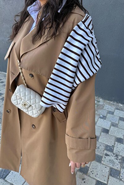 CHUL Büyük Beden Canvas Apolet Detaylı Astarlı Kemerli Uzun Trençkot - CAMEL