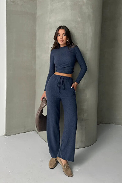 Siner Fashion Women's Drawstring Detailed Blouse Wide Leg Pants Top and Bottom Set