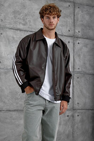 NOMARC Καφέ Nmrc ριγέ oversized Δερμάτινο μπουφάν