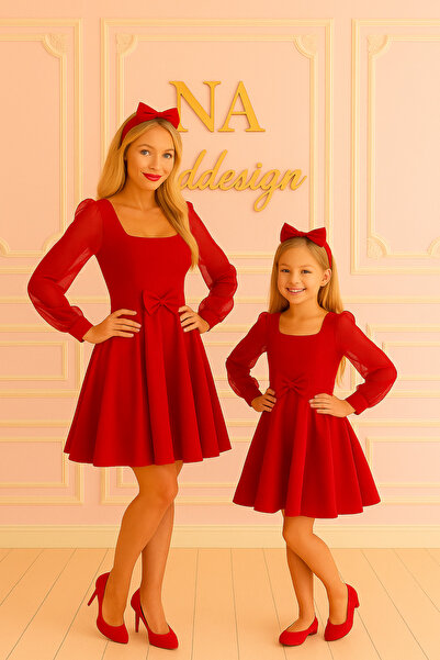 NA ADDESIGN فستان الأم والابنة من قماش الكريب المزدوج مع تفاصيل الأكمام من ال...