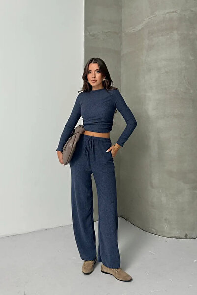 Siner Fashion Women's Drawstring Detailed Blouse Wide Leg Pants Top and Bottom Set