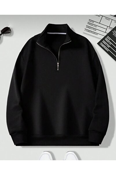 DEZZİİ 2-х кольорів чорний і синій з прямим коміром, напівзастібкою і прямим кроєм, світшот