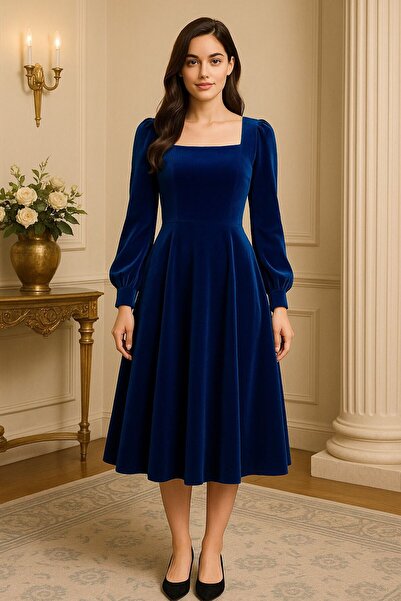 stylingpark Kare Yaka Uzun Kollu Midi Boy Elbise