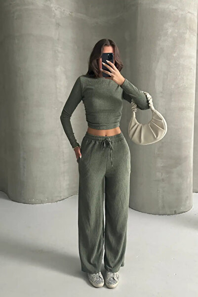 Siner Fashion Women's Drawstring Detailed Blouse Wide Leg Pants Top and Bottom Set