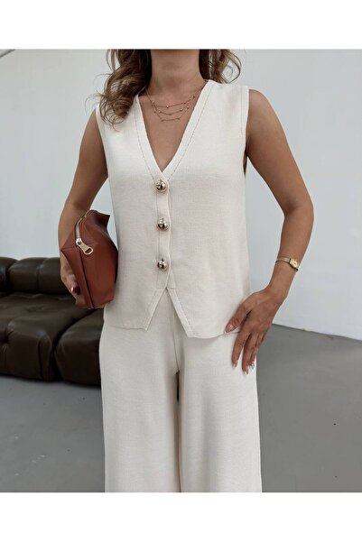 alenmoda Set din două piese: vestă fără mâneci cu nasturi aurii și pantaloni lungi cu talie înaltă