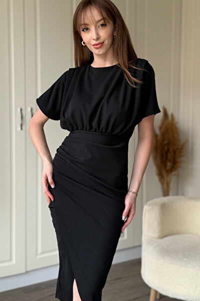 Dilay Gökoğlu Butik Short Sleeve Stylish Front Slit Black Midi Dress