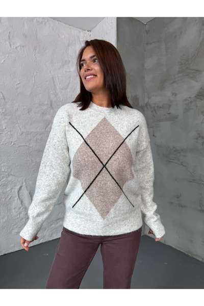 Elif Özbey Butik Mink Large Diamond Pattern Sweater