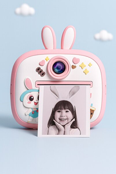 AteşTech Tavşan Temalı Anında Baskılı Çocuk Kamerası Print Kamera | Çift Kamera, 2,0″ Ekran, Silikon Kılıf
