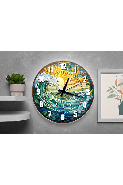 M&H Quality ساعة حائط بتأثير الزجاج الملون على شكل أمواج المحيط (آلية صامتة)