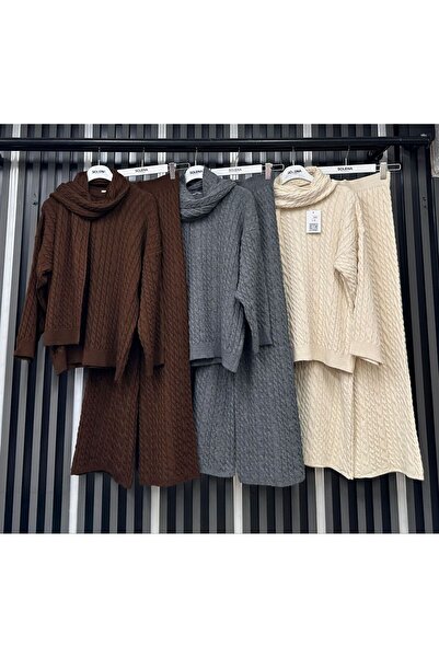 Lovely butik Women's High Waist Wide Leg Knitting Set (Sweater, Pants, Scarf/Shawl)