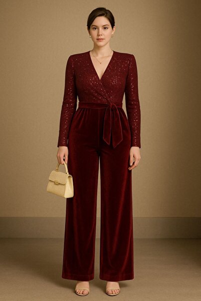 stylingpark Üstü Payet Altı Kadife Uzun Kollu Kuşaklı Abiye Tulum