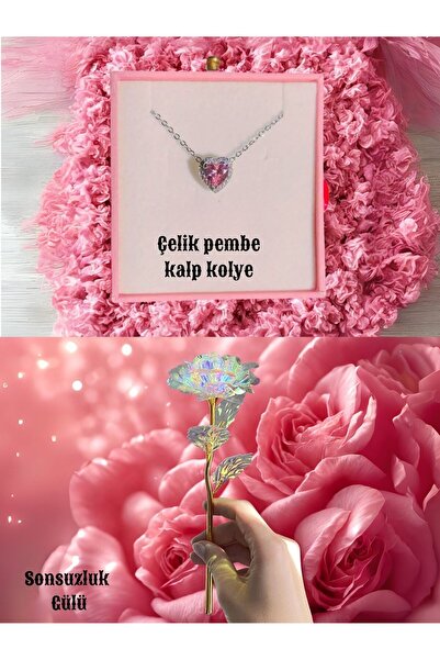 Perry Accesories kararmaz çelik pembe kalp kolye , pembe lotus mum ,sonsuzluk gülü ve kalp kupa bardak hediye sepeti