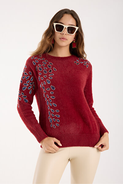 Clothes Fast Women's Burgundy Beard Yarn Beaded Embroidered Crew Neck Knitwear Blouse