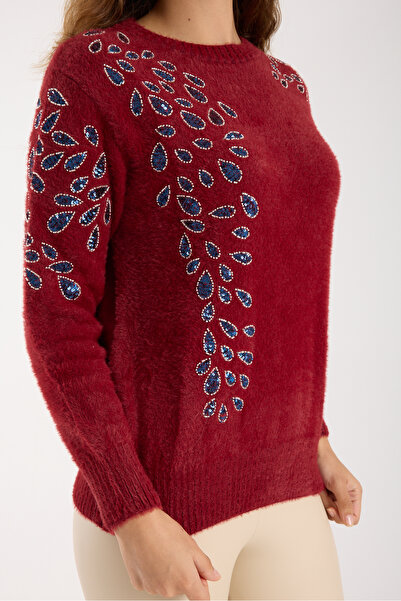 Clothes Fast Women's Burgundy Beard Yarn Beaded Embroidered Crew Neck Knitwear Blouse